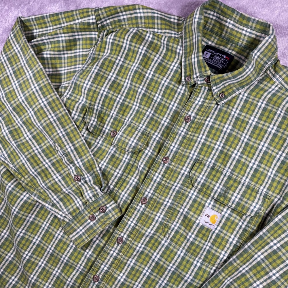 Carhartt FR Flame Resistant Plaid Work Shirt XL Tall Green TW4507-FRM Loose Fit
